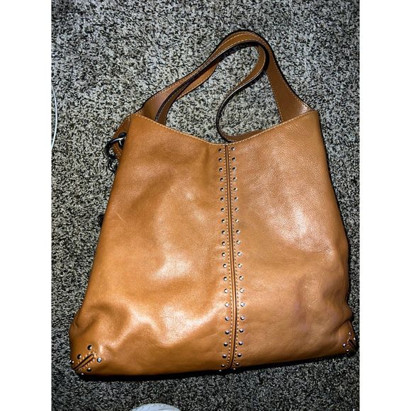 MK Uptown Astor Gold Studded Sway Shoulder Caramel Leather Bag 15 x 13 - Picture 2 of 5